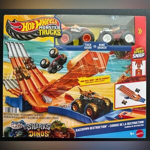 Hot Wheels Monster Trucks ~ Tiger Shark VS Bone Shaker Race Down Destruction